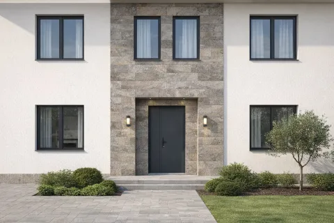 Travertin silver homokfúvott homlokzat