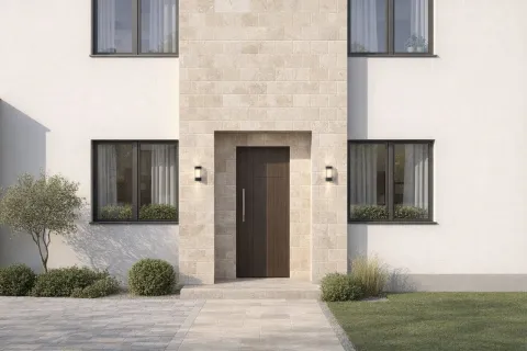 Travertin french pattern homlokzat