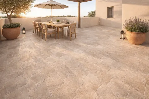 Travertin french pattern terasz